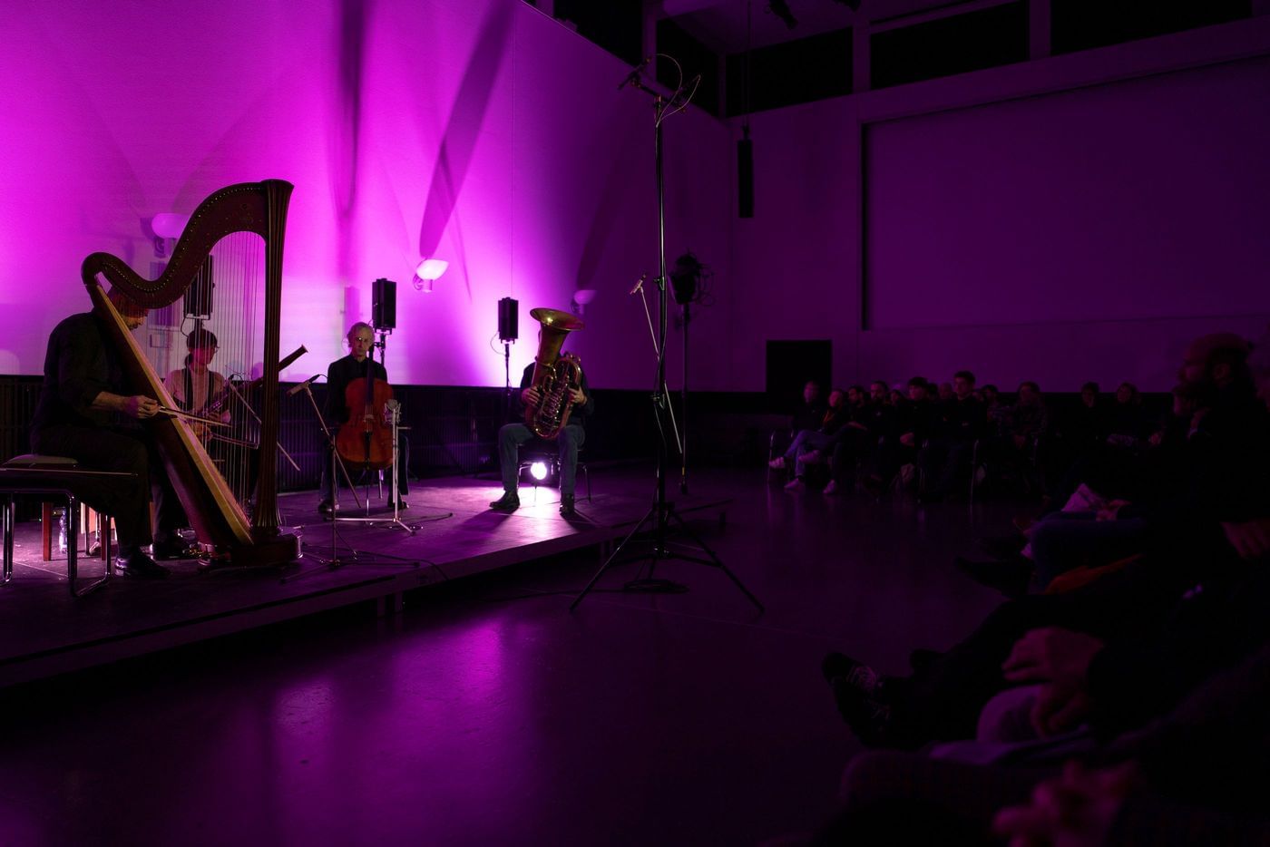 Rhodri Davies, Dafne Vicente-Sandoval, Charles Curtis, Robin Hayward spielen Éliane Radigue @ Museum für Gestaltung © Kira Kynd