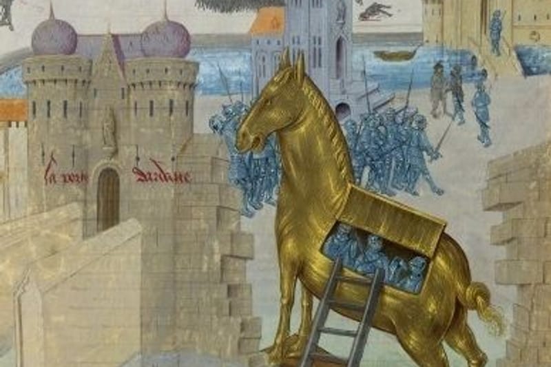 Paard van Troje op een middeleeuws manuscript