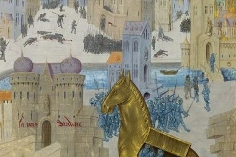 Paard van Troje op een middeleeuws manuscript