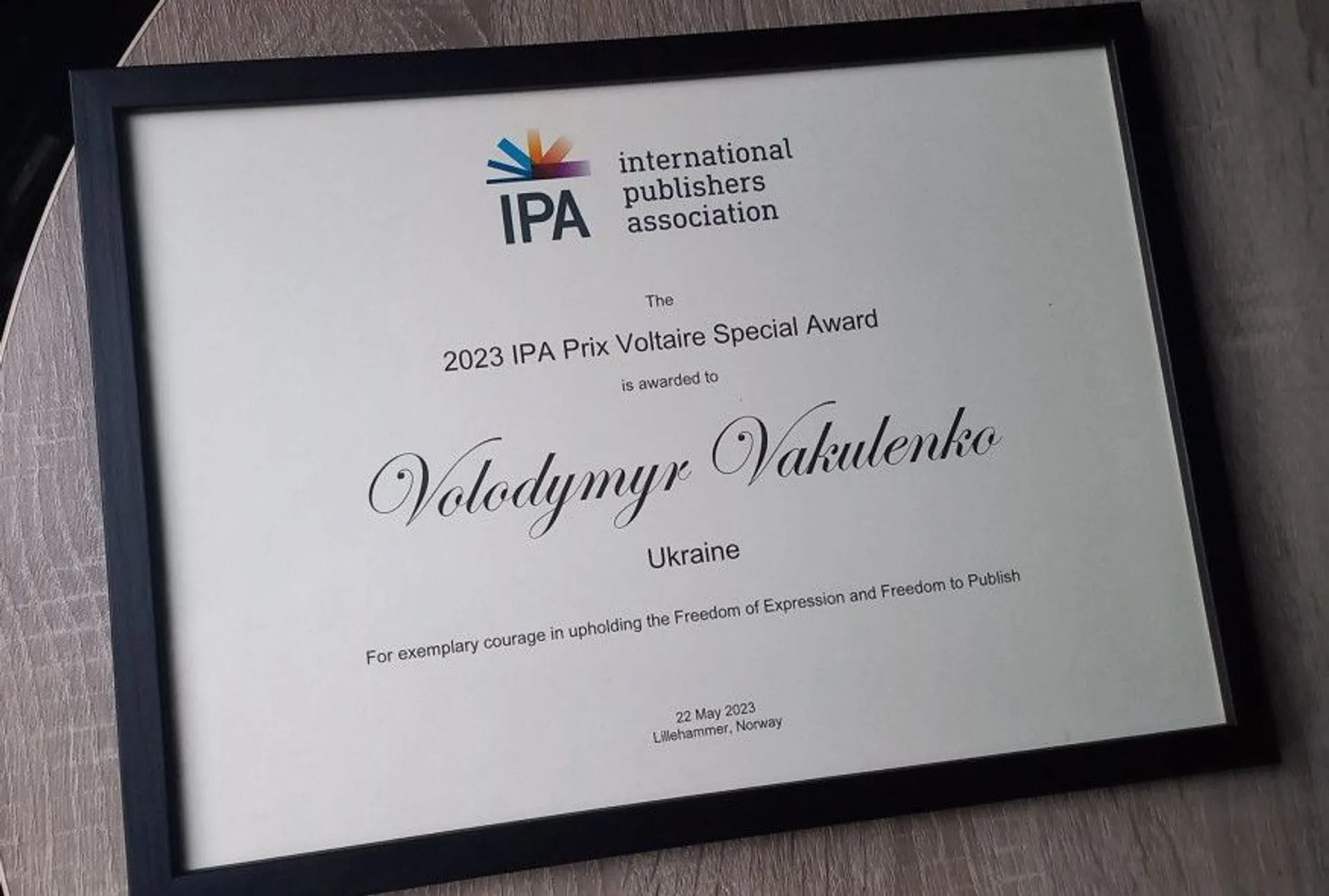 Володимира Вакуленка нагородили відзнакою IPA Prix Voltaire Award 2023 посмертно