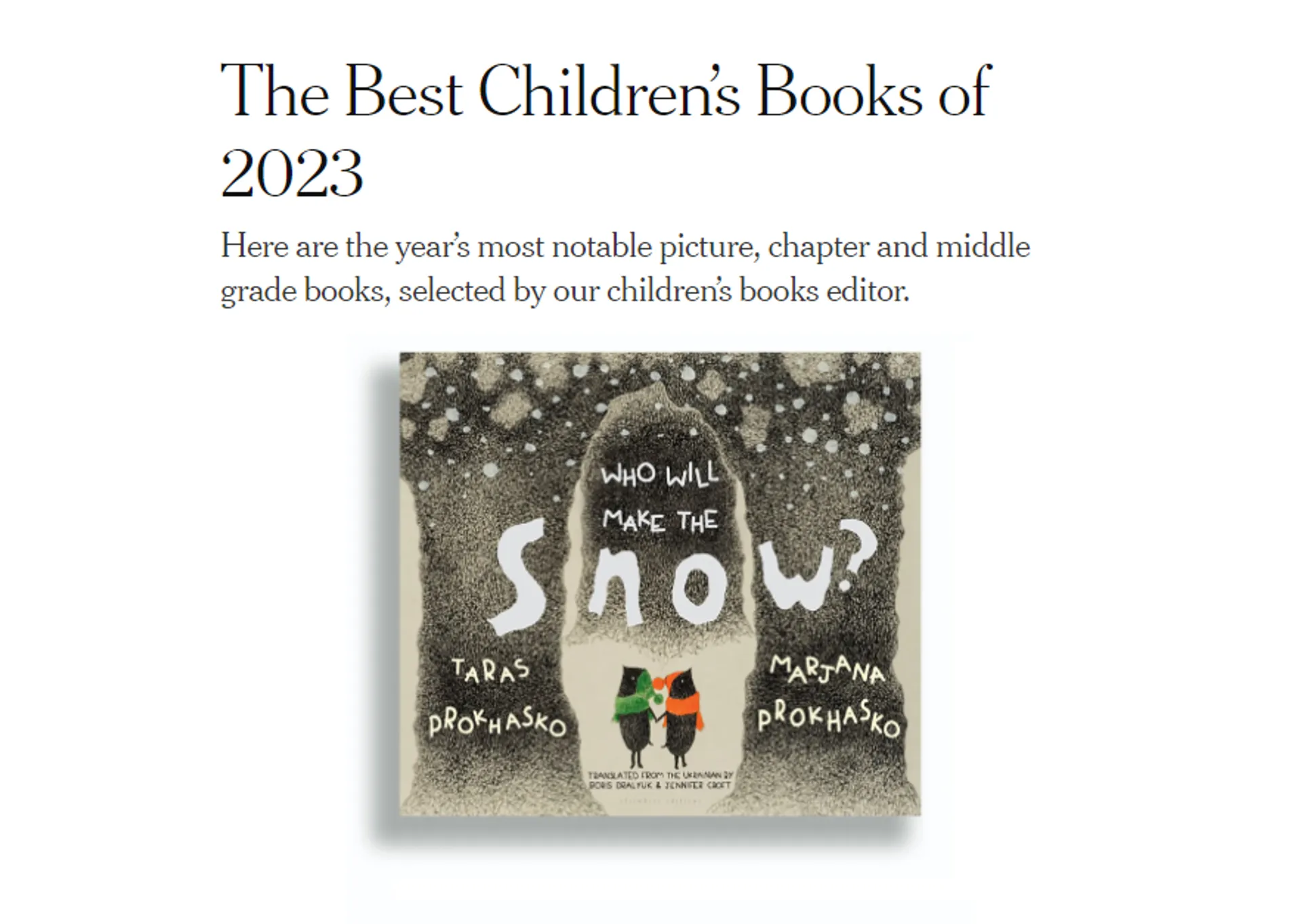 Книжка «Хто зробить сніг» Мар'яни Прохасько та Тараса Прохаська серед найкращий дитячих книжок 2023 «The New York Times»!