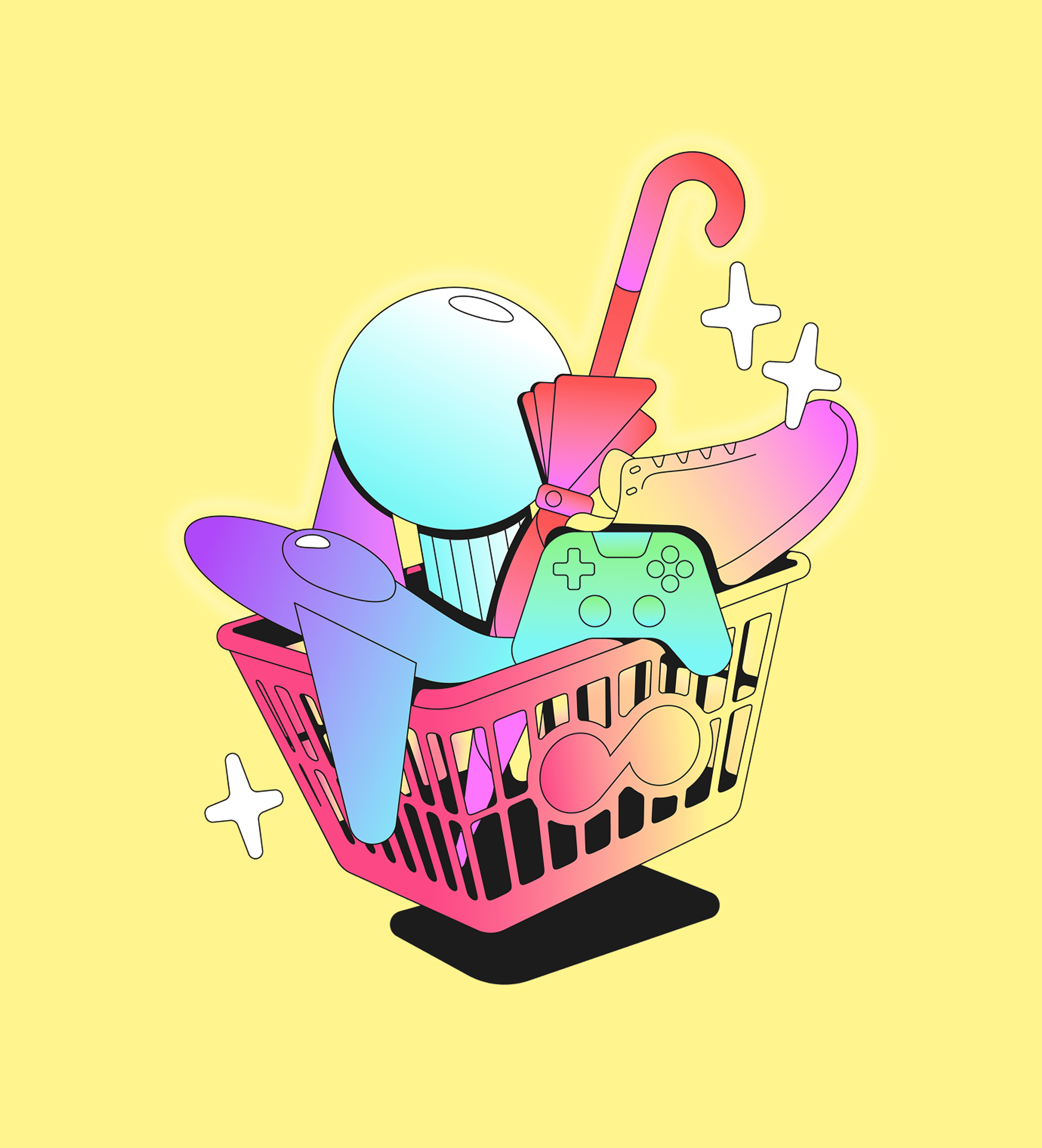 Isometrische Illustration eines rosa Einkaufskorbs gefüllt mit bunten Produkten: einem lila Gamecontroller, einer türkisen Bowlingkugel, einem roten Regenschirm, einem mintgrünen Gamepad, einem rosa Turnschuh und einem Pop-it-Spielzeug, umgeben von weißen Glitzersternen auf gelbem Hintergrund.