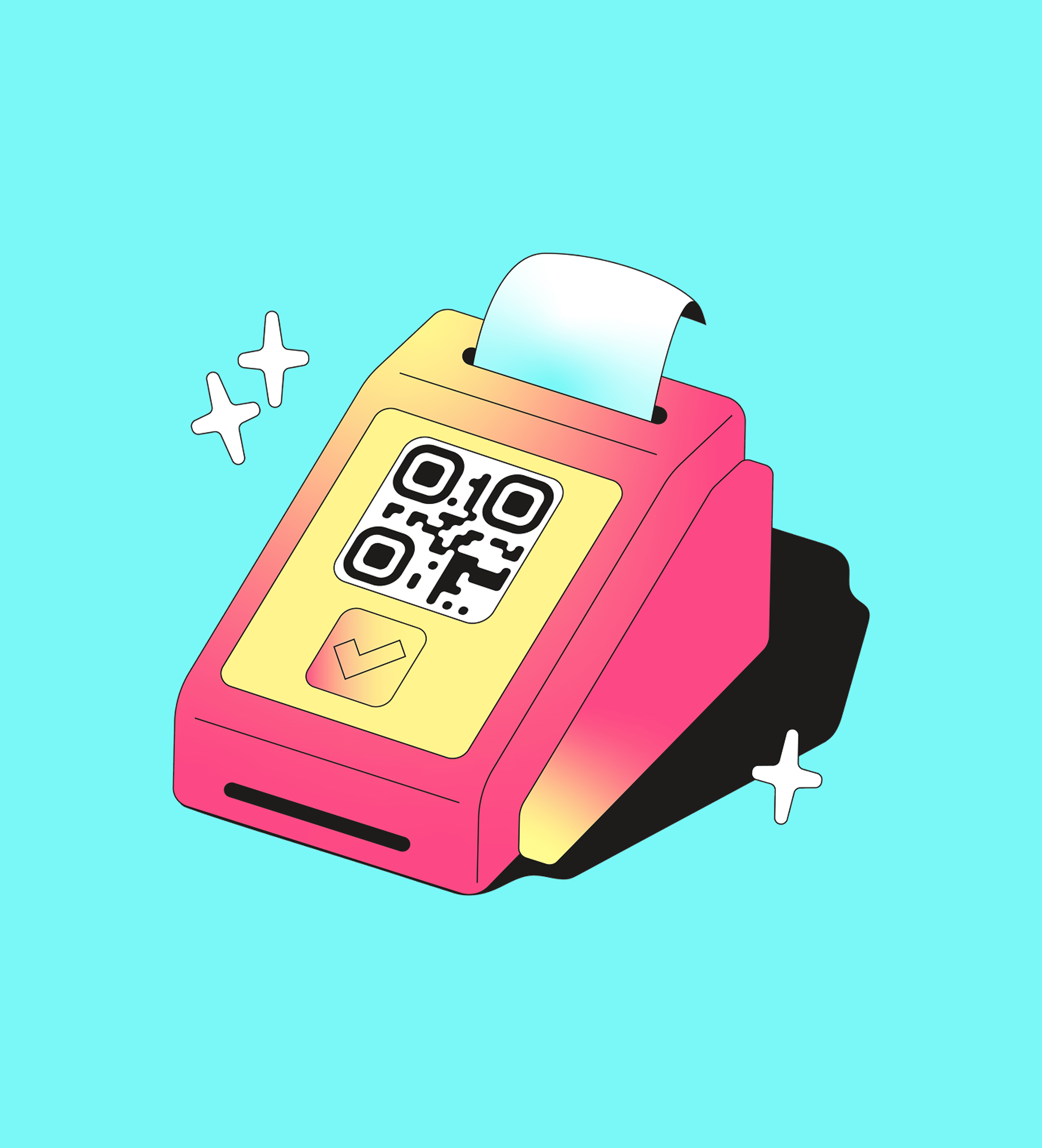 Isometrische Illustration eines rosa-gelben Zahlungsterminals mit einem QR-Code auf dem Bildschirm und einem aus dem Drucker kommenden Kassenbon, umgeben von weißen Glitzersternen auf türkisem Hintergrund.