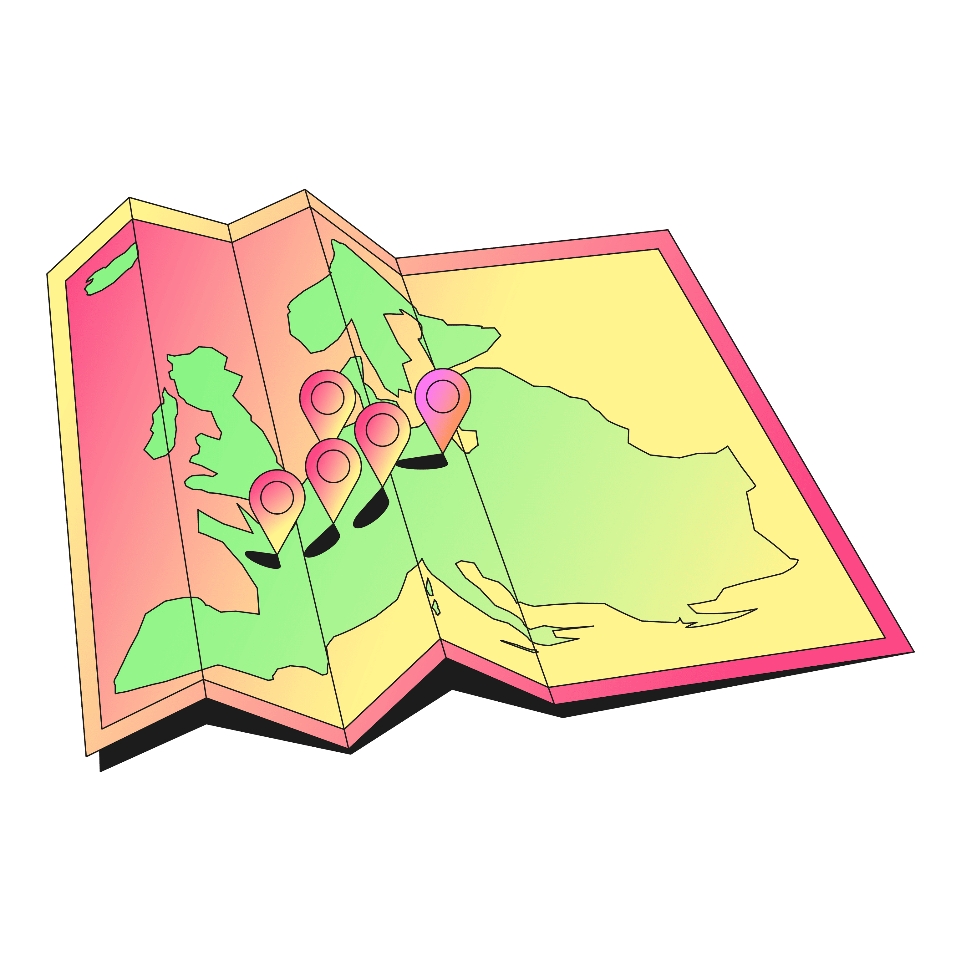 Isometrische Illustration einer gefalteten Papierkarte Europas mit rosa und lila Standortmarkierungen in mehreren Ländern, in rosa, orangen und gelben Farbtönen auf schwarzem Hintergrund.