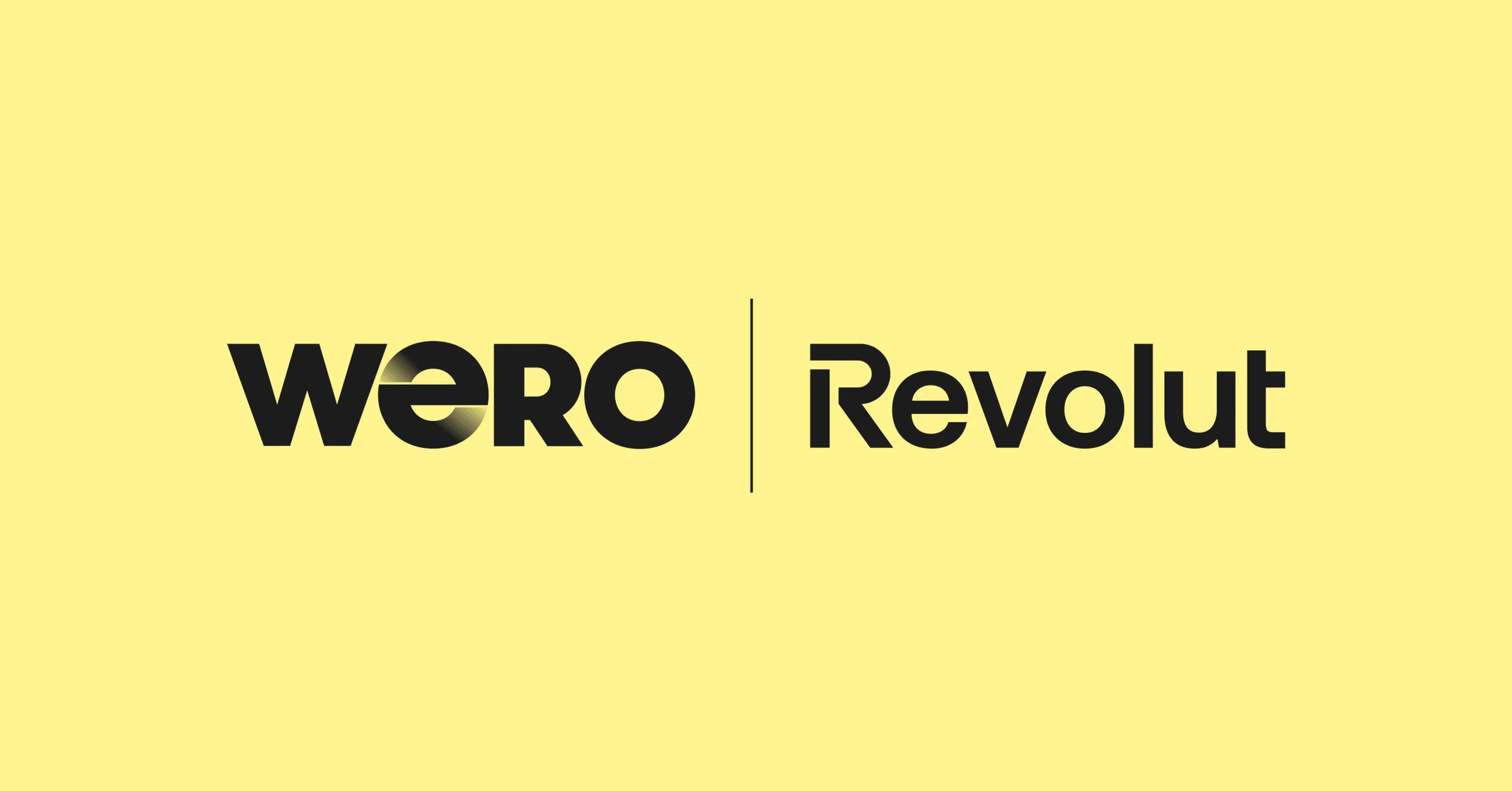 he logos for Wero and Revolut displayed side-by-side against a solid light yellow background. The Wero logo is on the left in black, featuring a stylized 'e' within the 'WERO' text. A thin vertical black line separates it from the Revolut logo on the right, also in black text."