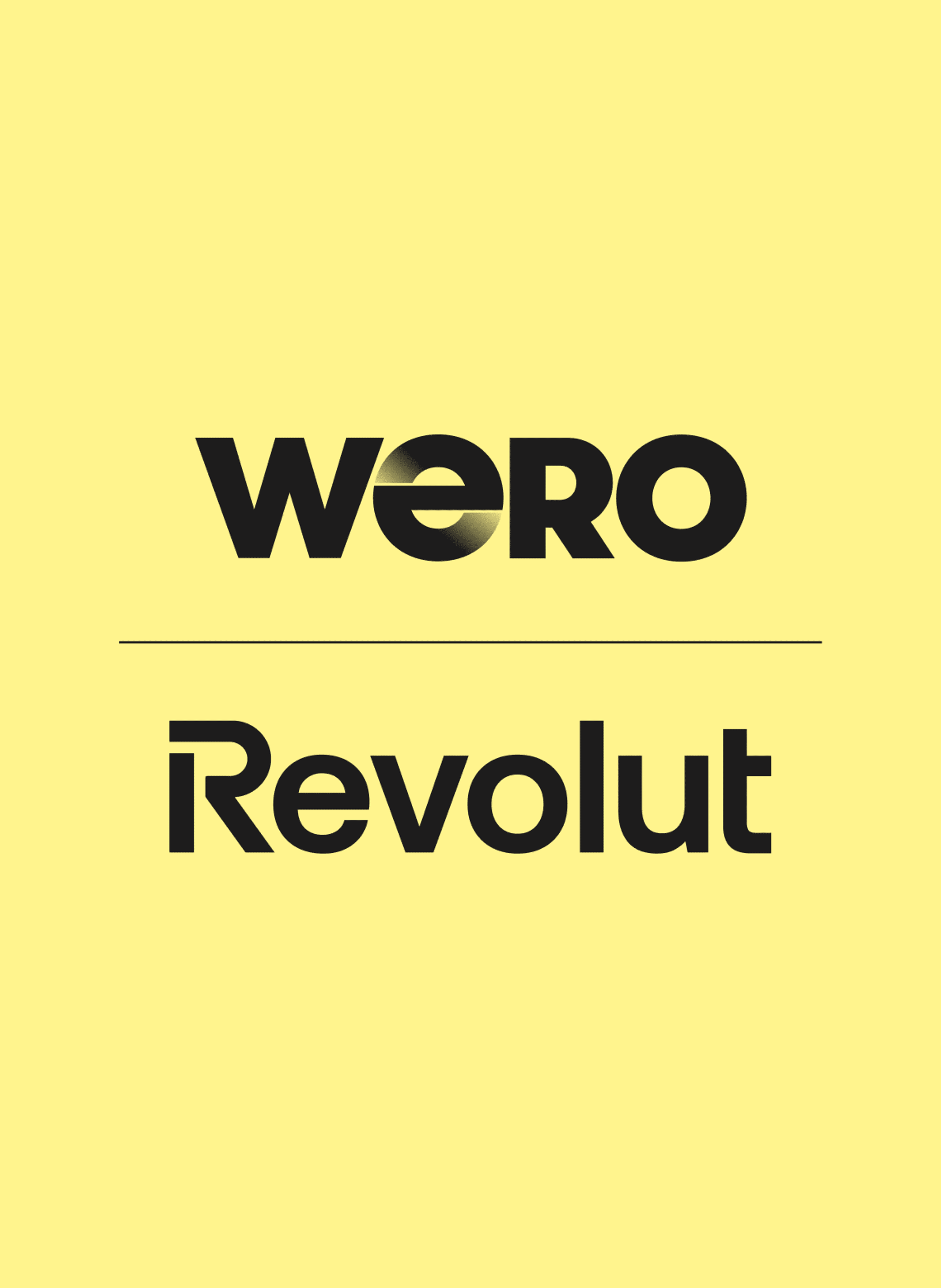 he logos for Wero and Revolut displayed side-by-side against a solid light yellow background. The Wero logo is on the left in black, featuring a stylized 'e' within the 'WERO' text. A thin vertical black line separates it from the Revolut logo on the right, also in black text."