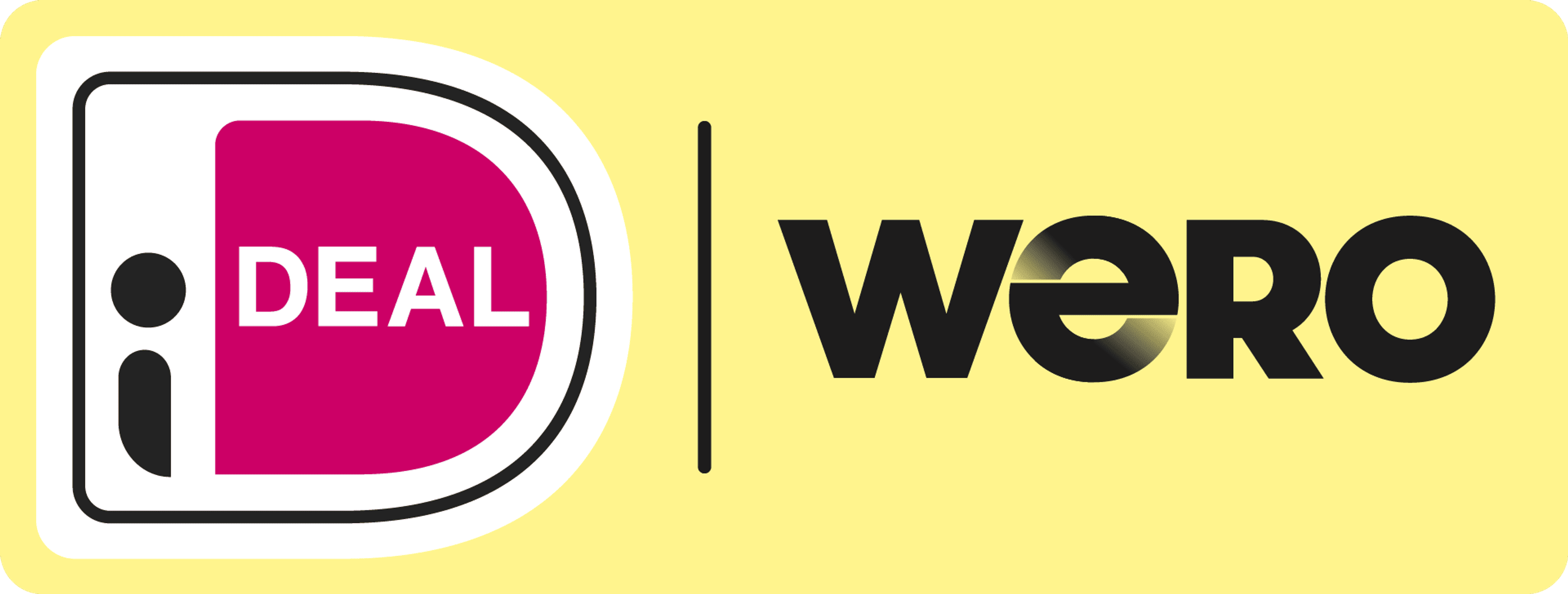 The logo for iDEAL, a white and magenta 'iDEAL' graphic inside a rounded black outline, displayed next to the Wero logo. The logos are separated by a thin vertical black line and placed against a light yellow background.