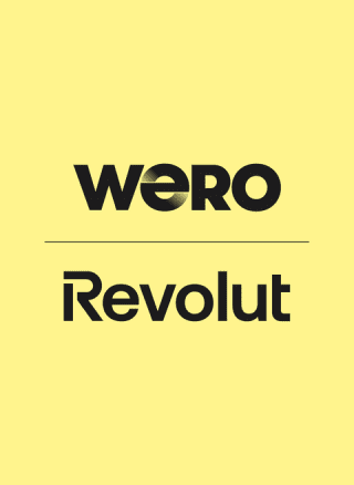 he logos for Wero and Revolut displayed side-by-side against a solid light yellow background. The Wero logo is on the left in black, featuring a stylized 'e' within the 'WERO' text. A thin vertical black line separates it from the Revolut logo on the right, also in black text."
