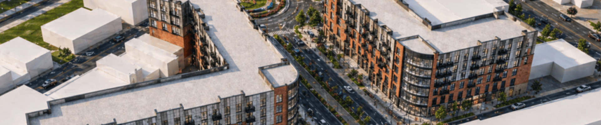 Renderings of large apartment buildings along College Avenue in Uptown Normal