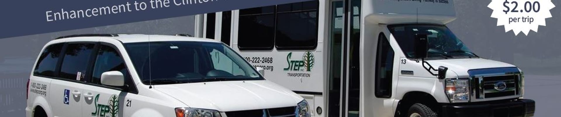 Promotional image for the STEP Designated Stop Program showing two vehicles used for transportation with the heading "See What STEP Has To Offer"