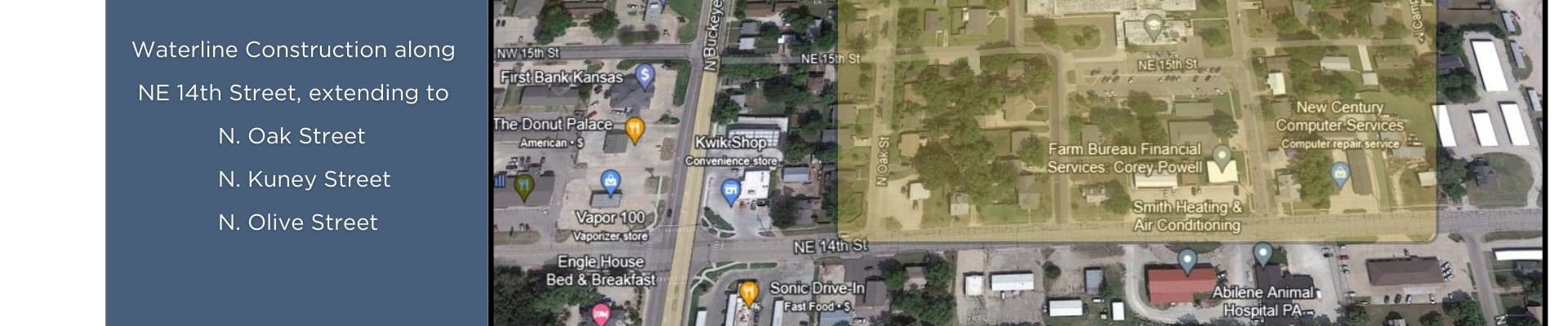 Aerial view of 14th street extending from N. Oak to N. Olive Streets. 