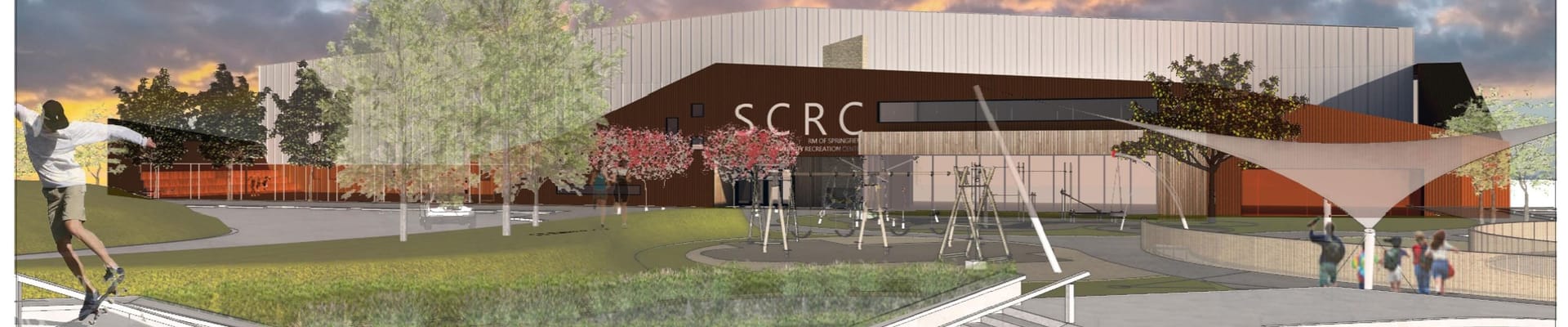 Architectural rendering of the exterior of the Armtec Community Recreation Centre to be built in Oakbank, Manitoba.