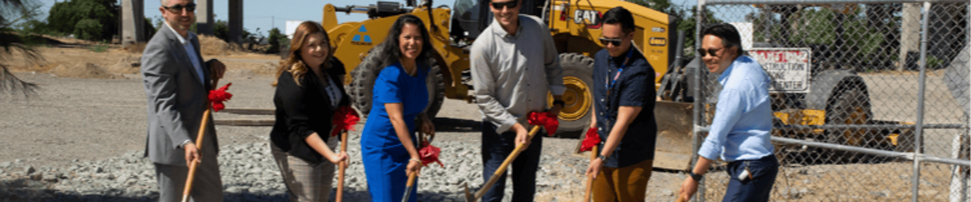 Riverfront Groundbreaking. Left to Right: City Manager Aaron Laurel, Ariana Adame, Mayor Martha Guerrero, Ryan Teves, Christian Asuncion, and Vin Cay