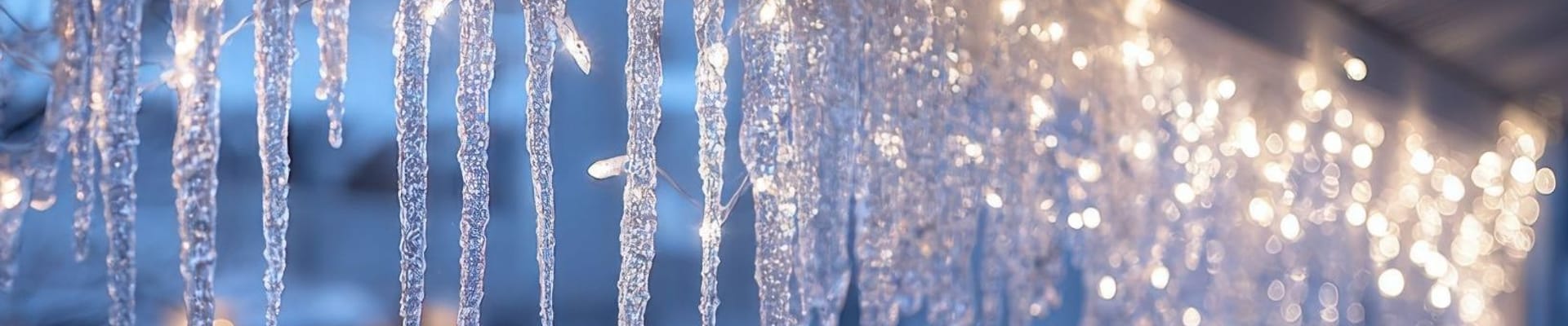 Image of icicles handing from roof top light up by white holiday lights. A blue house with warmly lit windows can be seen out of focus in the background. 
