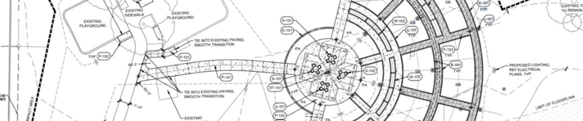 An image featuring a selection of the design plans for the park. Featuring walking trails and a portion of the hub-and-spoke design for the community garden plots.