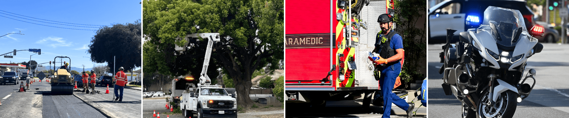 images of road work, tree trimming using a lift on a truck, firefighter paramedic next to a fire engine, police motorcycle with red and blue lights and police suv in background