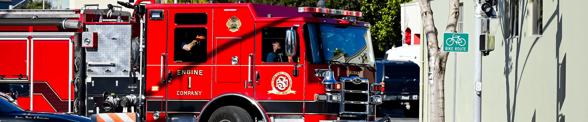 Fire engine turning onto a street