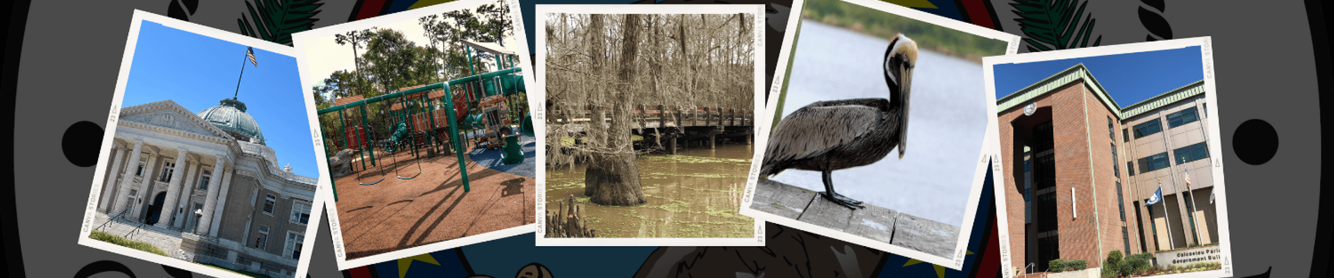 Images of the Calcasieu Parish Courthouse, a swing set at a park, a bridge, and a pelican on a wharf