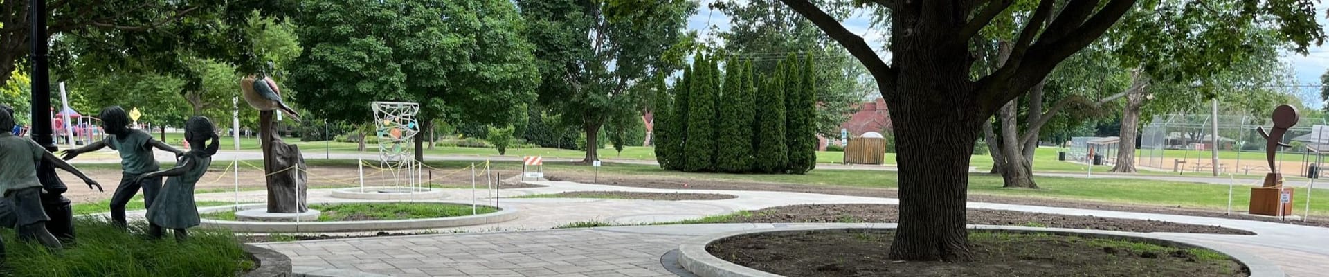 View of Town of Normal Sculpture Park, including three new sculptures added to the area as a work in progress