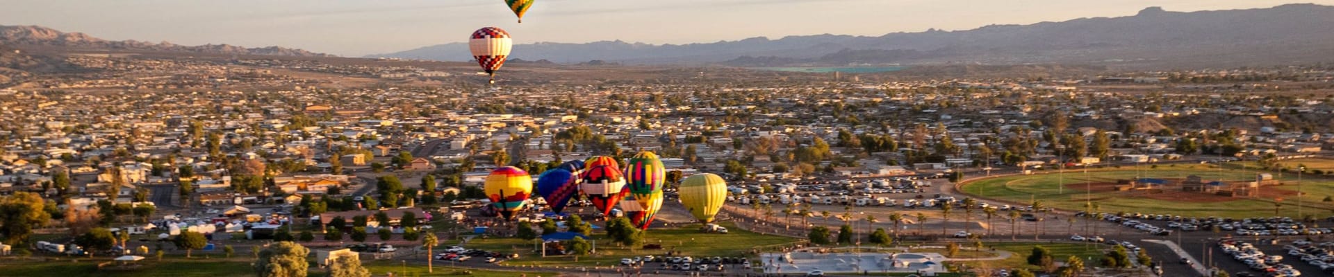 Bullhead City Skyline Aerial Photo shows Hot Air Balloons Over Rotary Park