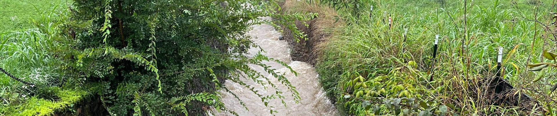 Ore branch flowing beside a wall and a grassy field
