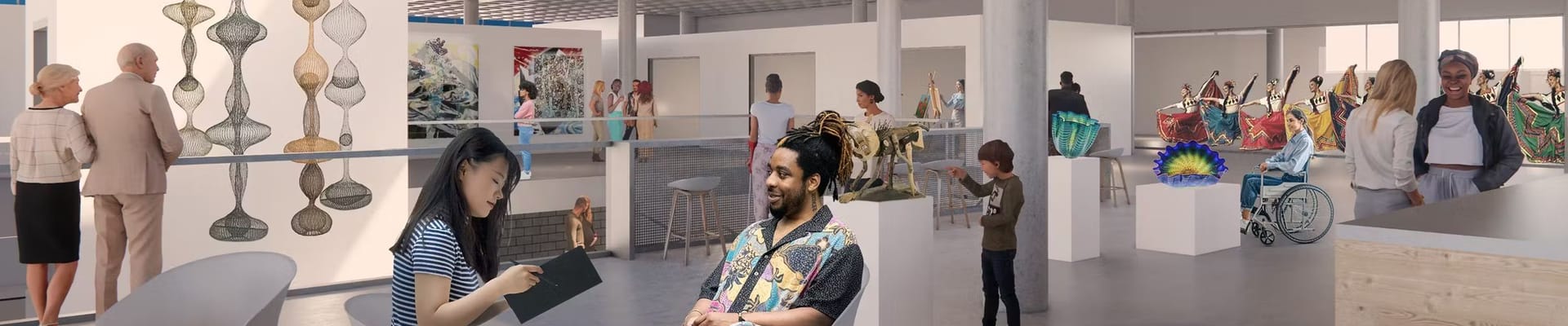 This artist rendering shows what a future Arts Hub could look like. The drawing shows two people meeting at a table, while community members walk around viewing public art installations in the background.