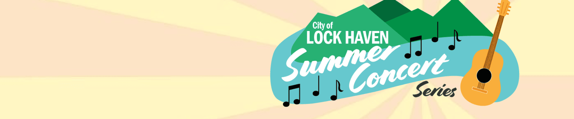 Summer Concert Series Logo; green mountains with a blue river running across the bottom, music notes, acoustic guitar, and sunburst in the background