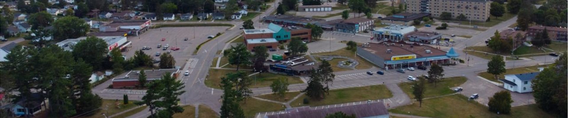 Photograph of Deep River's downtown core taken from a drone