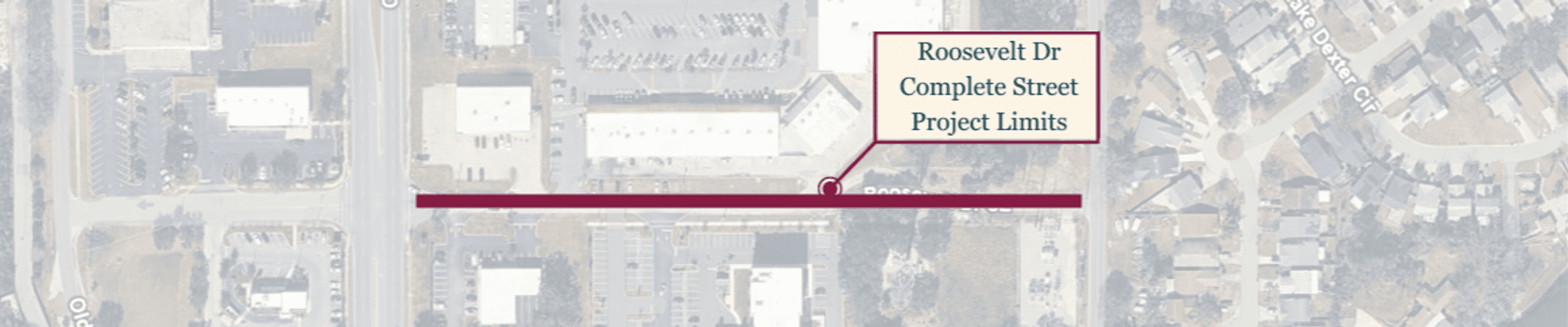 Satellite image map of the Roosevelt Drive corridor showing project limits highlighted in red, extending from Cypress Gardens Boulevard (State Road 540) to Register Road