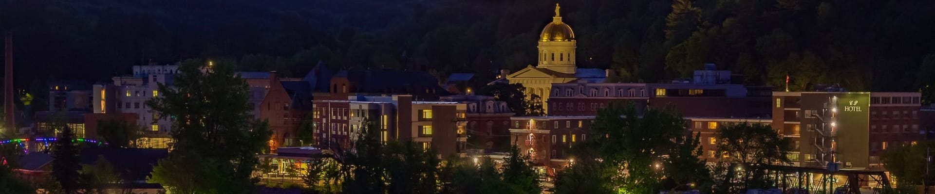 Nighttime photo of the City of Montpelier, Vermont.