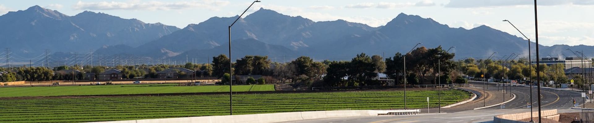 Curving roadway in Avondale with green farm fields and mountain views in the background under a partly cloudy sky.