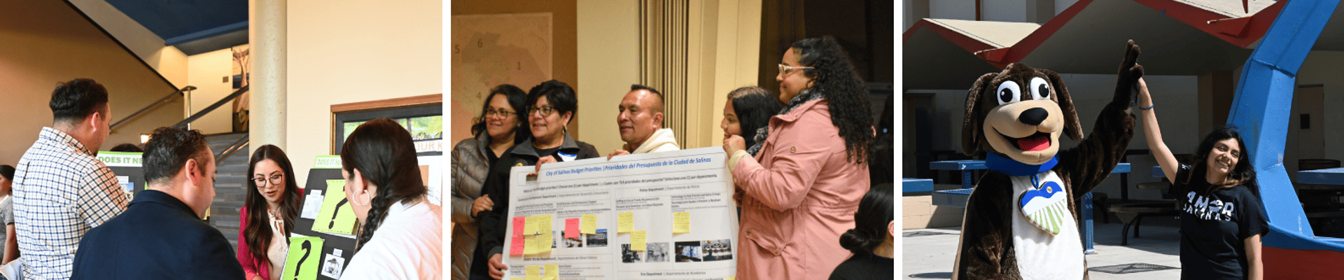 2 community engagement photos with poster boards and comments and 1 photo with a teen high fiving the AMOR Salinas dog mascot