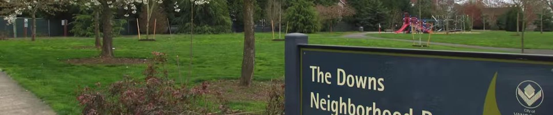 This photo shows the Downs Neighborhood Park sign with blooming cherry trees and the current playground in the background.