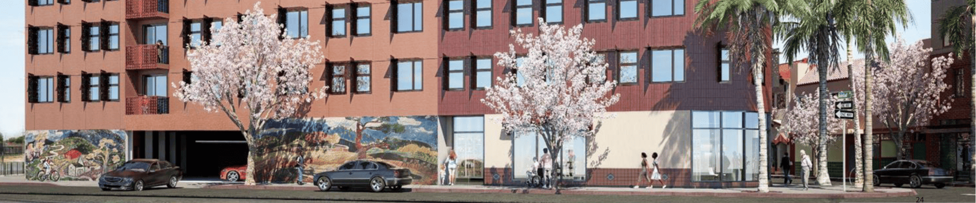 conceptual design of an mixed use housing project with retail and murals on the bottom floor and apartments on the top floors with trees along the sidewalk