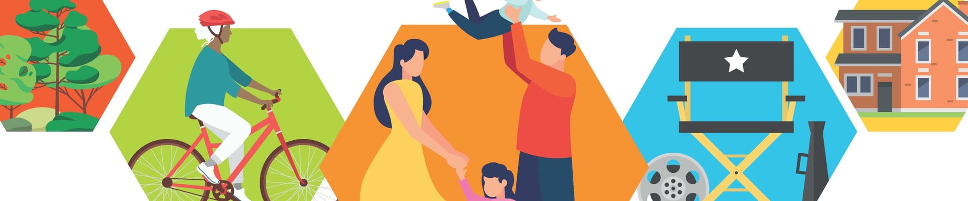 Image shows five coloured hexagons, each containing a graphic representing different aspects of Hertsmere. There is text which reads 'Have your say on our plan for green, sustainable growth'