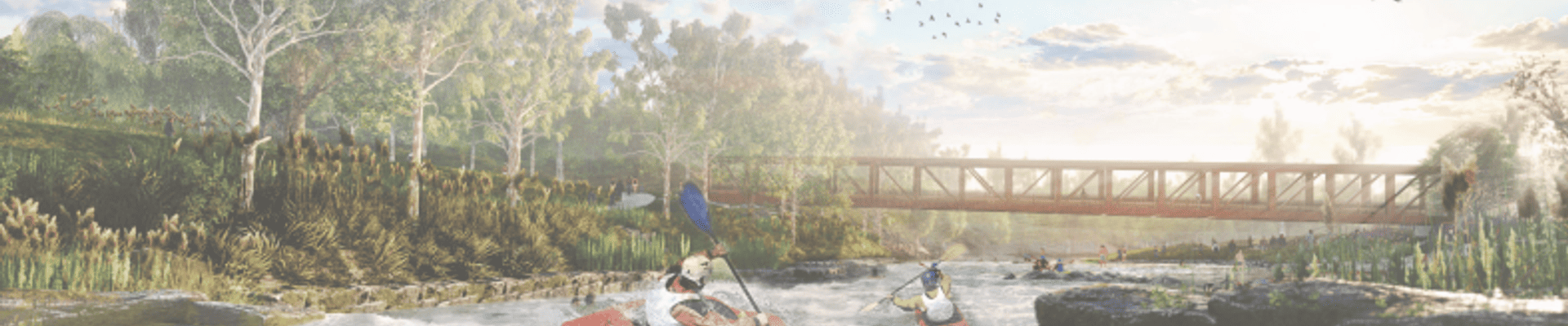 Wasena In-River Park with kayakers in the river and pedestrian bridge in the background