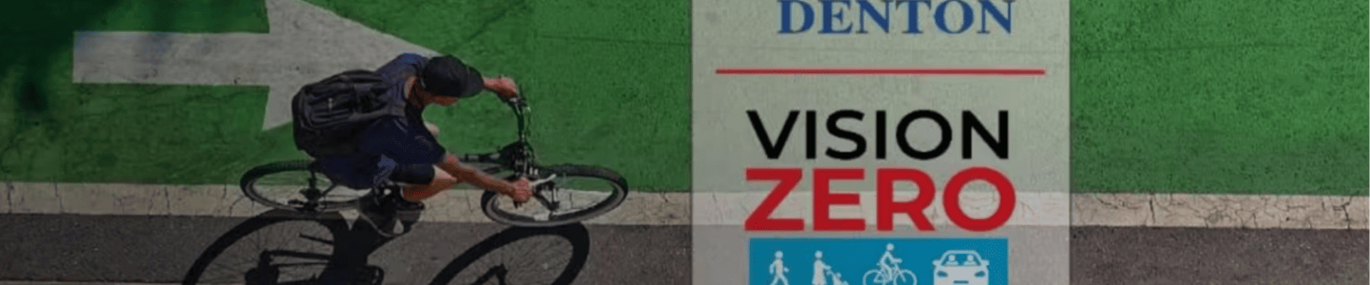 Pedestrian riding a bicycle with the Denton Vision Zero Action Plan logo 