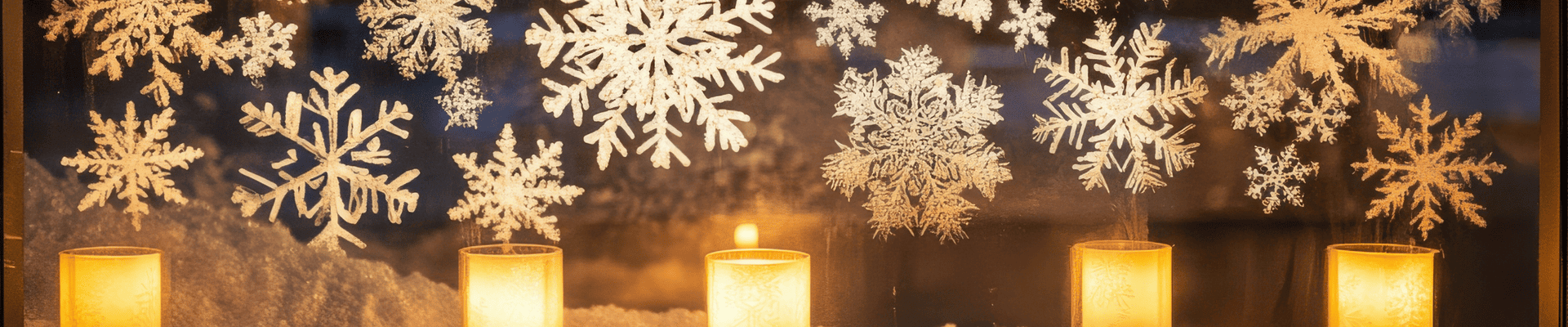Five glowing candles sit on a snow-covered windowsill, framed by delicate white snowflake decals. Warm fairy lights add a cozy, festive atmosphere.