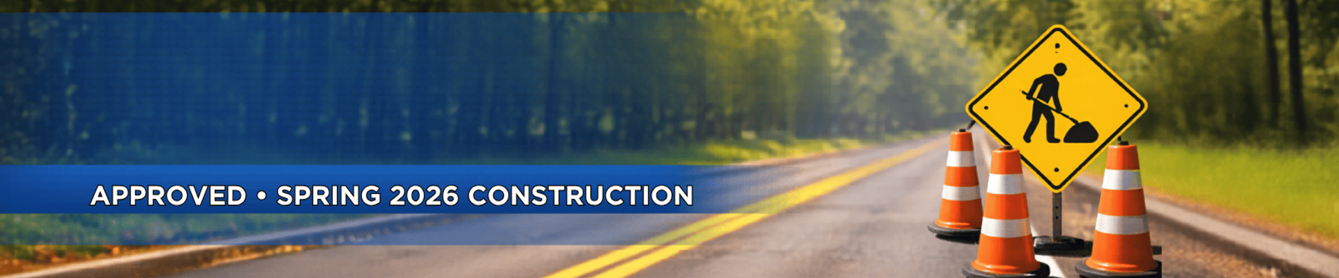 Banner for the City of Lebanon’s 2026 Street Resurfacing Program showing a paved road, construction sign, and traffic cones with text announcing approved spring 2026 construction.