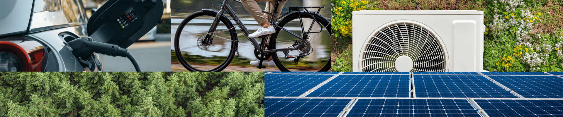 Image collage including EV charger, person riding a bike, a heat pump, trees, and solar panels.