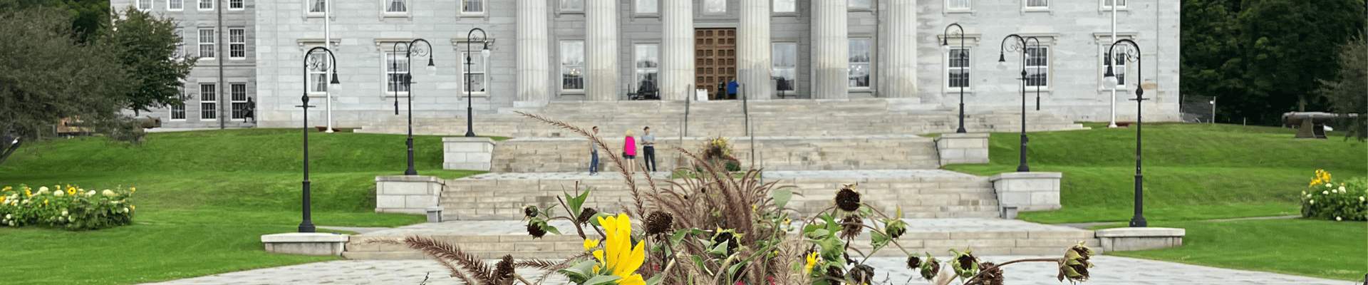Statehouse with sunflowers growing