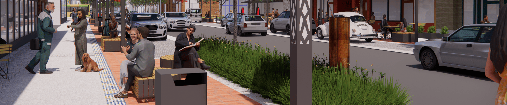 This rendering shows the future design of Main Street in downtown Vancouver. The image includes updated pavement, sidewalks, new lighting and benches. Community members are shown sitting and talking, as well as walking down the street.