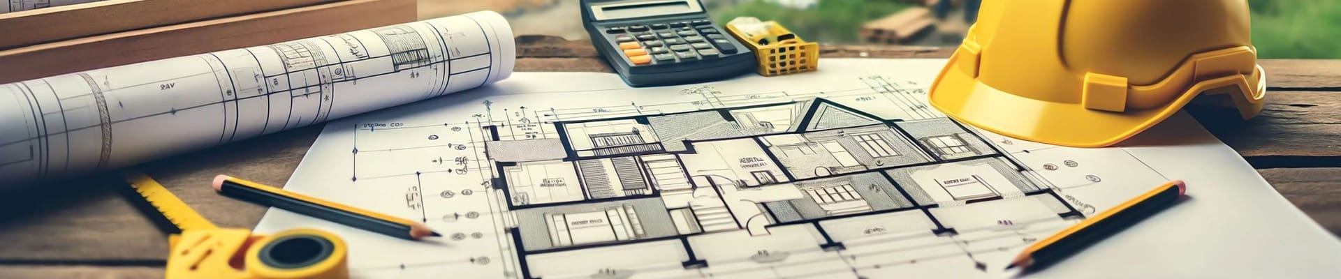 AI image of plans, a construction helmet, a calculator