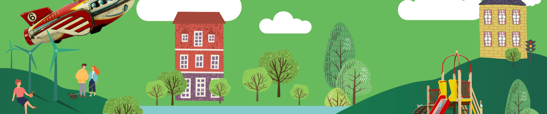 Illustration showing houses and trees by a pond on a green background