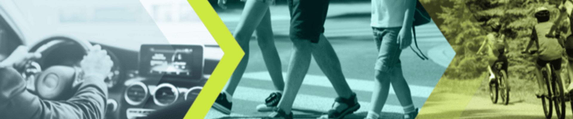 From left to right: graphic showing images of someone driving a car, pedestrians crossing a street at a crosswalk, and cyclists on a greenway