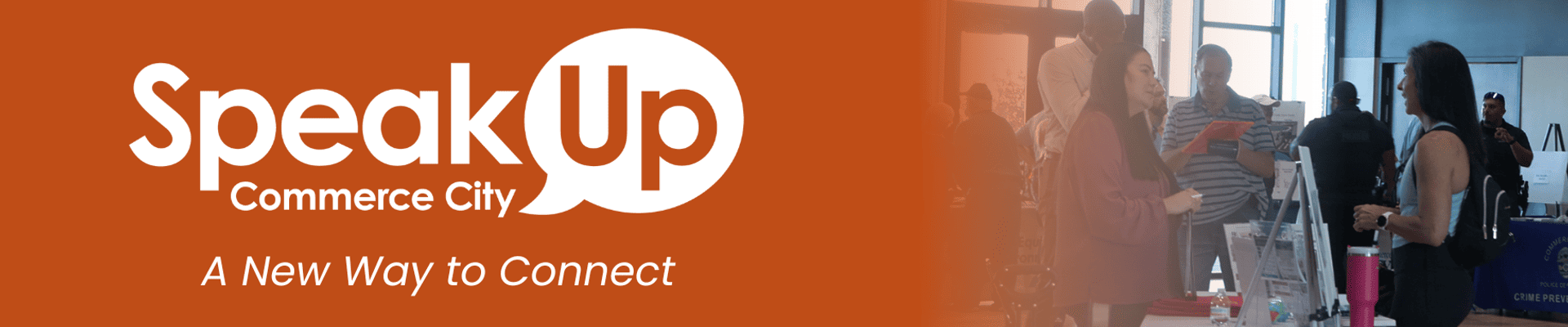 Speakup Commerce City logo with sub headline: A new way to connect. Image on the right shows women talking.