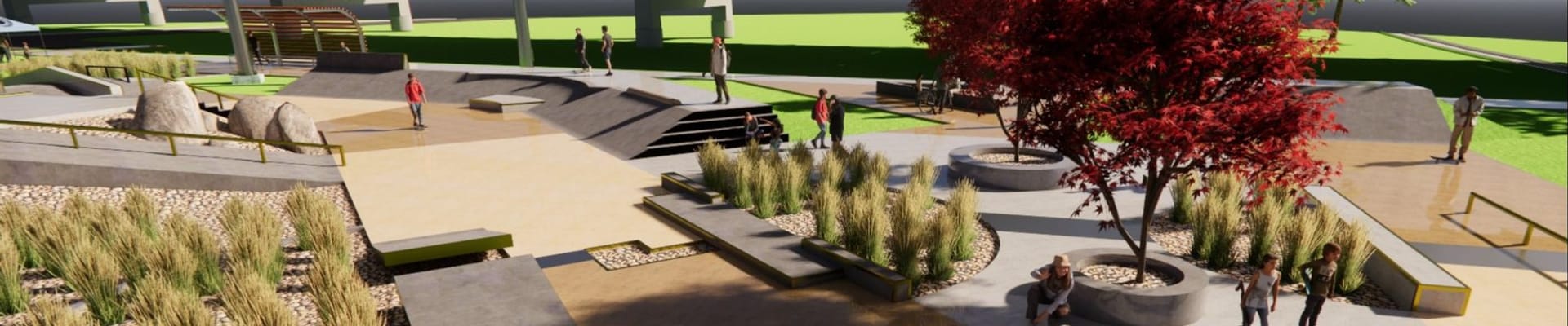 Rendering shows proposed design of Wasena Skatepark including trees and plants embedded near the skate features