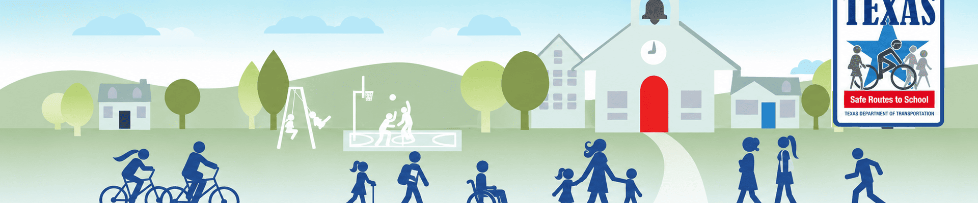 Clipart of parents and children walking, riding bikes, scooter and wheelchair in front of school house.