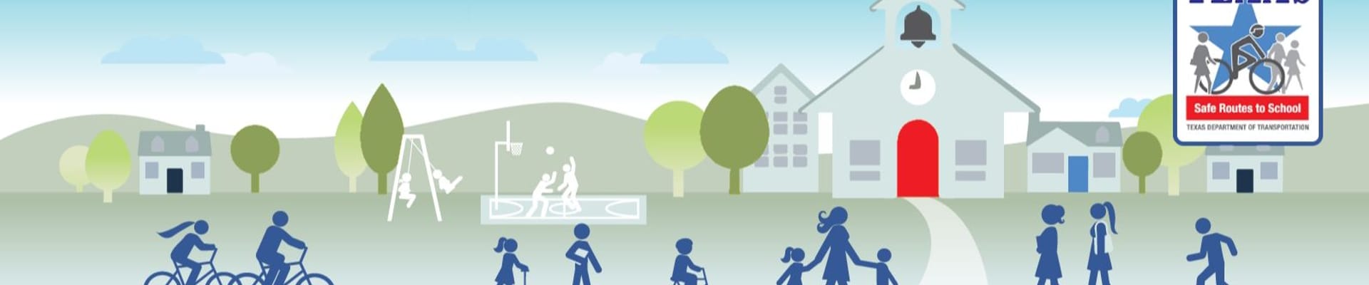 Graphic of people riding bikes and walking to school 