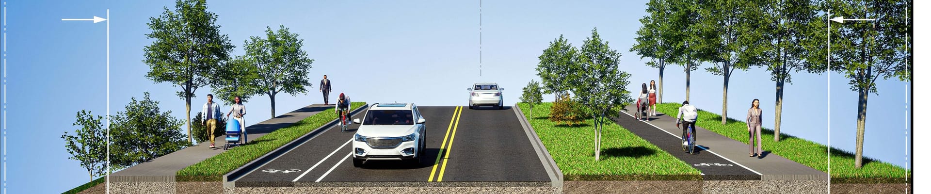 Image of a road with two cars on it with sidewalks on both sides and a bike lane on one side.